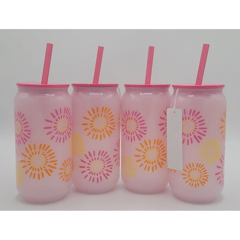 20oz Color Changing Tumbler NEW Set Of 4 Lid Straw Pink Yellow Orange Sunburst